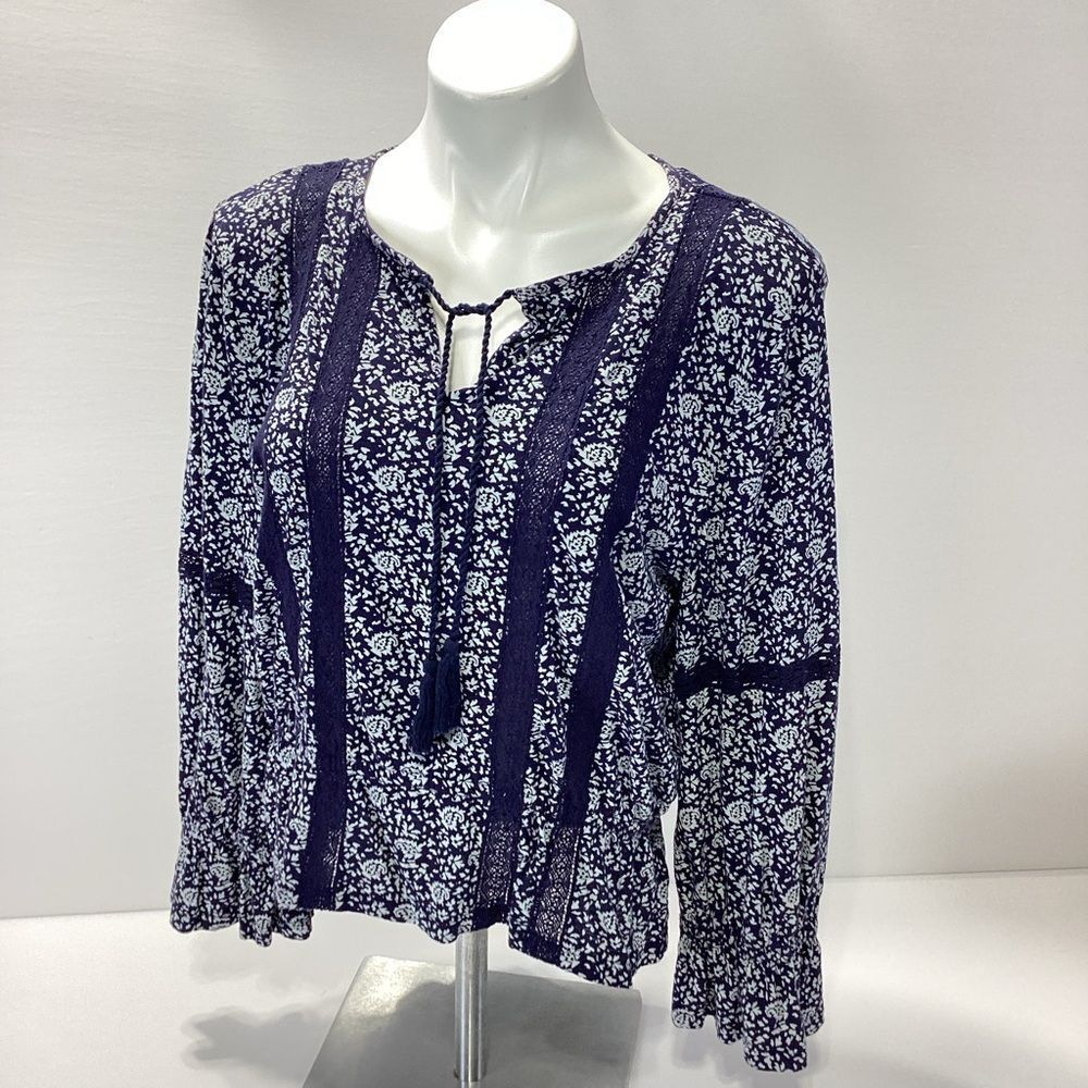 Lucky Brand Boho Top Long Sleeve Floral Blue Women's Blouse L